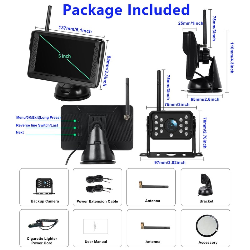 Wireless Reversing Camera System with 5 inch Split Screen, IP69K