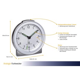 TFA Dostmann Analoger Funk-Wecker, Kunststoff, Silber, (L) 81 x (B) 31 x (H) 84mm