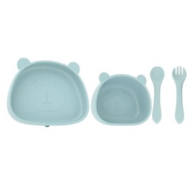 4pcs Children Plate Utensils Set Silicone Suction Bowls Set Toddler Panda Shape Plate Blue Bowl Plate Silicone Fork Spoon