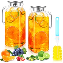Nuogo 2 Pack 2 Liters/68 oz Square Glass Pitcher with Lid Spout Handle Water Pitcher Borosilicate Glass Carafe for Tea and Coffee Beverage Serveware Milk Water Juice Jug for Hot/Cold Drinks with Brush