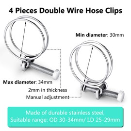 4 Pieces Double Wire Hose Clips Adjustable Stainless Steel Hose Clamps with 2 Pieces Inline Pond Hose Jointer (25 mm/ 1 inch)