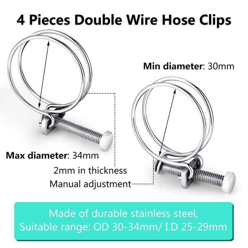 4 Pieces Double Wire Hose Clips Adjustable Stainless Steel Hose