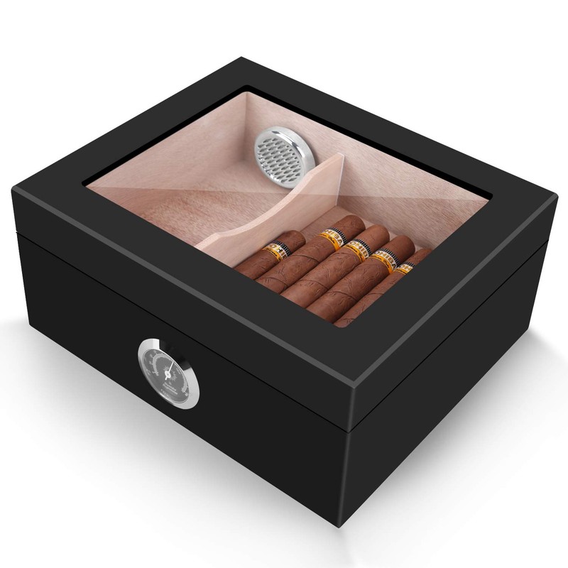 Cigar Humidor, Spanish Cedar Wood Cigar Desktop Box, Glass Top