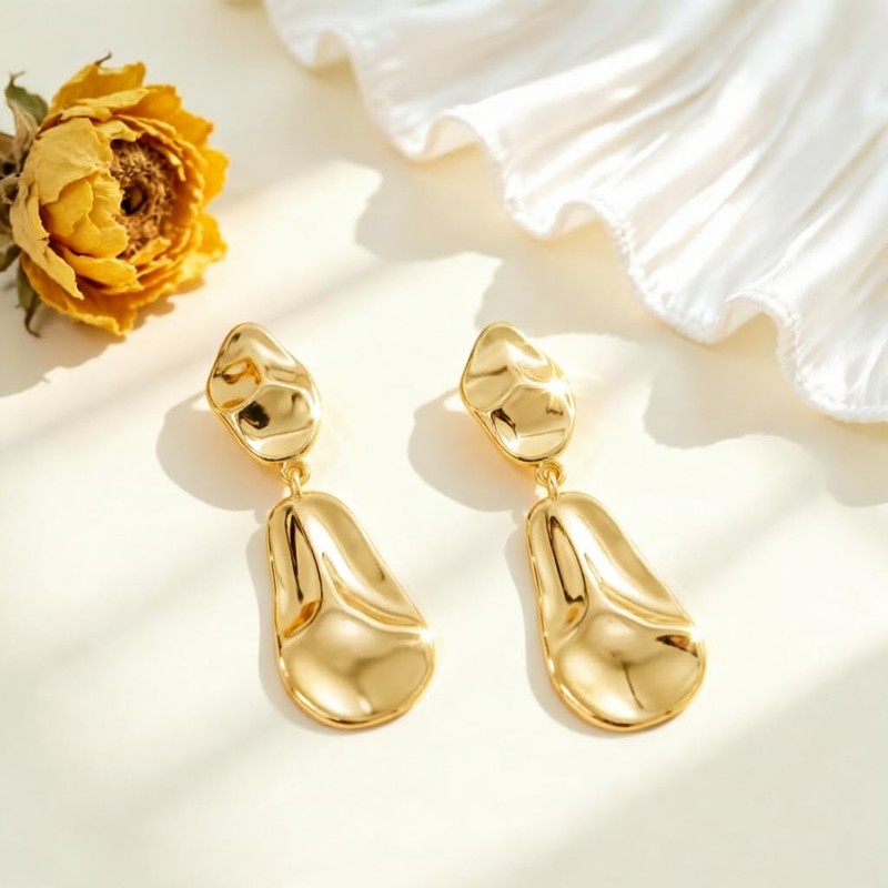 YUJIE Lightweight Gold Hammered Teardrop Dangle Earrings for Women 14K