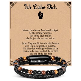 Focxoio Men's Bracelet with Tiger's Eye Beads, Leather Bracelet Gift for Dad, Son, Grandpa, Grandson, Man, Nephew, Brother, Friend, Pearl Bracelet for Valentine's Day, Anniversary, Birthday, Christmas