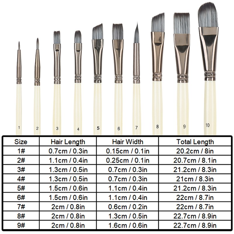 10pcs Nylon Hair Gouache Artist Paint Brush Portable Oil Painting