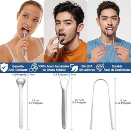 Jasinber Set de 3 Cepillo de Lengua de Acero Inoxidable con Estuche de Transporte - Kit de Limpieza Bucal para Limpiador de Raspado de Lengua Oral (3 Pcs)