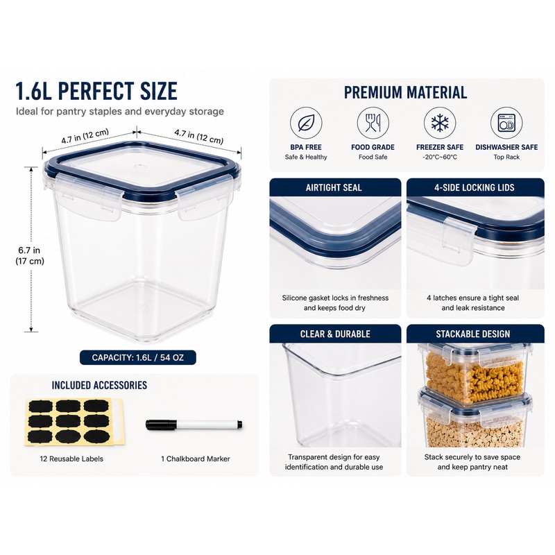 1.6L BPA-Free Plastic Airtight Food Storage Containers with Lids, Dishwasher