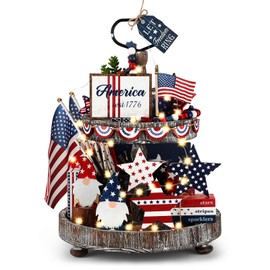 FoldTier 18 Pcs Memorial Day Tiered Tray Decor Set Rustic Patriotic Independence Day Decoration Glow Vintage Farmhouse 4th of July Tiered Tray Sign Wooden Red White Blue Decor for Table(Gnome)