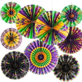 Outus 18 Pcs Mardi Gras Hanging Decorations Paper Fans Mardi Gras Classroom Ceiling Wall Decor Gold Purple Green Paper Fans for Carnival Masquerade Party Supplies