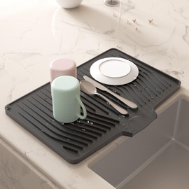 Alijoy Black Silicone dish mat drying kitchen mat for kitchen counter ,efficient drainage fast drying under sink mat for kitchen waterproof,dish drainers kitchen sink accessories(19" x 13.5", Black)