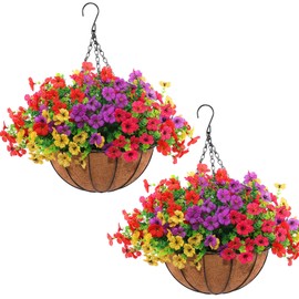 Hananona Hananona 2 Set Artificial Outdoor Flowers with Hanging Basket, 2 Hanging Planters with 24 Pcs Flowers for Spring Summer Front Porch Garden Patio Home Decor (2, Red, Purple, Yellow, Rose Red)