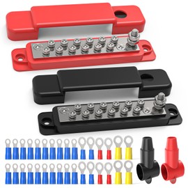 Buhobha 150A 12V/48V Heavy Duty Power Distribution Busbar - Bus Bar 12 Volt DC | 1/4" (M6) Main Stud + 20 M4 Terminals | Suitable for Marine/Automotive/Solar Systems | (Red and Black Set)