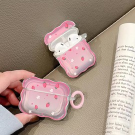 LALAPOPO Compatible with Airpods Case Strawberry, Cute Case with Keychain for Women Clear Thin Soft Silicone Kawaii Cartoon Protective Cover for AirPods 2&1 Charging Case