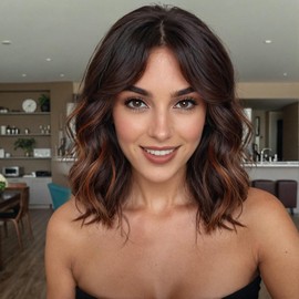 HAIRCUBE Wavy Curly Short Bob Wig with Curtain Bangs Heat Resistant Synthetic Hair Natural Wigs for Women Daily Party Brown with Highlights