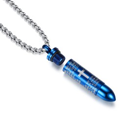 MONIYA Stainless Steel Bullet Pendant Urn Ashes Necklace Cross Lords Prayer in English, 22inch Box Chain (Blue Tone)