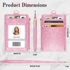 ID Badge Holder with Lanyard, Vertical Bling Shiny ID Badge Card Holder with 1 Clear ID Window, 4 Credit Card Slots, 1 Cash Coin Slot and a Detachable Neck Lanyard (Bling Pink)
