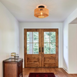 KENMI Ceiling Light Fixture,Hand-Woven Rattan Flush Mount Ceiling Light,Farmhouse Light Fixtures Ceiling Mount Boho for Hallway Bedroom Kitchen Entryway Living Room