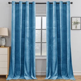YSTELLAA Velvet Curtains, Set of 2, 117 x 137 cm, Thermal Curtain, Cold Protection with Eyelets, Opaque Living Room Modern, Thermal Curtain Bedroom, Blackout Sound Protection, Light Blue
