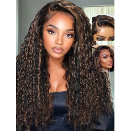 UNICE Deep Water Wave 7x5 Bye Bye Knots Lace Front Wigs Human Hair Golden Brown Highlight Glueless Human Hair Wig Pre Plucked Pre Cut Natural Hairline 150% Density 16 inch
