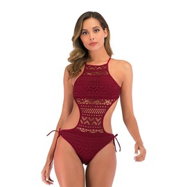 Temptshow - Traje de baño sexy de encaje hueco para mujer con cordones (granate, S)