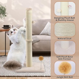 36 Inch Tall Cat Scratching Post – Sisal Cat Scratcher for Indoor Cats, Large Vertical Scratch Post, Sturdy Cat Scratch Pole Tower, Modern Cat Furniture for Kittens & Adults (Beige)