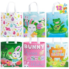 JOYIN 12 Pcs Easter Tote Bags, 17"x15" Canvas Creamed Tone Gift Kraft Treat Goodie Reusable Grocery Bags and Basket with Handles for Easter Egg Hunt Party Favors