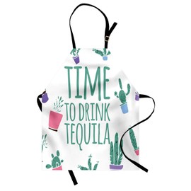 Ambesonne Tequila Apron, Time to Drink Words with Simple Cacti in Pots, Unisex Kitchen Bib with Adjustable Neck for Cooking Gardening, Adult Size, Green Multicolor