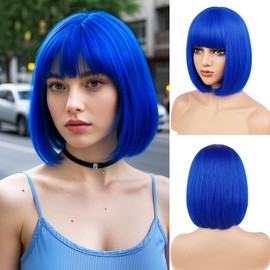BATISI Navy Blue Bob Wig for Women 12 Inch Short Straight Wigs Flat Bangs Synthetic Costume Cosplay Daily Party Neon Wig