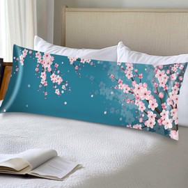 Silk Satin Body Pillow Cover for Hair and Skin,Cherry Blossom Long Pillow Case Protector with Envelope Closure,Flower Pillow Covers Teal Decorative Bed Cushion Covers Cases for Sleep,20"x54"
