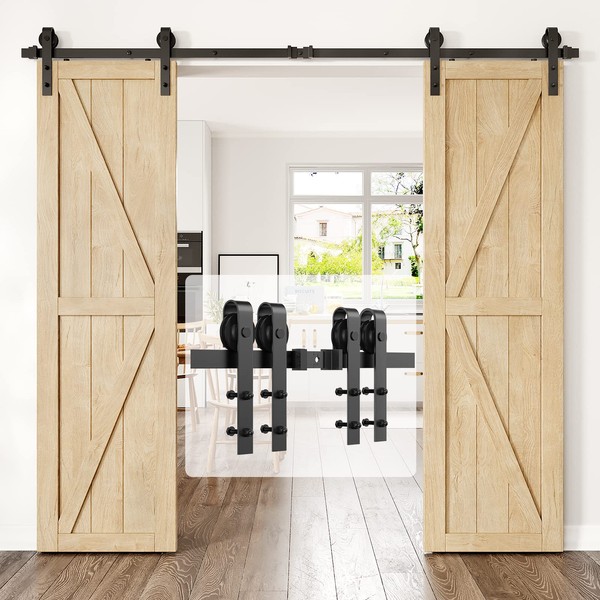 HomLxclx 8ft Heavy Duty Sturdy Sliding Barn Door Hardware Kit Double Door - Smoothly and Quietly-Easy to Install - Fit 1 3/8-1 3/4 inch Thickness Door Panel(Black)(J Shape Hangers)