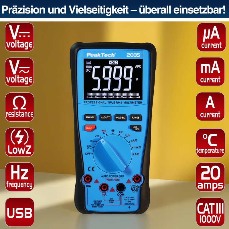 PeakTech 2035 - True RMS 1000V Digital Multimeter 6000 Counts