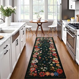 Vasofe 2x6 Runner Rug for Bedroom, Black Washable Rugs for Kitchen, Hallway,Vintage Floral Indoor Floor Mat for Bathroom, Living Room, Laundry Room,Non Slip Low Pile Soft Mats Home Decor Modern Carpet