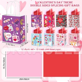 ORNACELE 24pcs Valentine’s Day Gift Bags with 24 sheet Red Pink Tissue Paper, Goodie Bags, Valentine Candy Bags, Gift Bags for Lover, Treat Bags for Boyfriend, Girlfriend, Birthday Party Decor