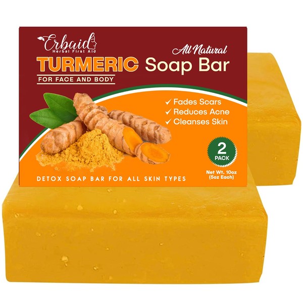 Natural Turmeric Soap Bar for Face & Body – Turmeric Skin Brightening Soap for Dark Spots, Intimate Areas, Underarms – Turmeric Face Wash Reduces Acne – 5oz Turmeric Bar Made in USA (2 Pack)