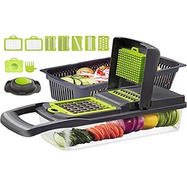 LEIHOFAN 13 in 1 Gemüseschneider Zwiebelschneider Obstschneider, Multifunktions Gemüse Cutter Chopper mit Großen Container Mandoline Edelstahlmesser Leicht zu reinigen, Grau