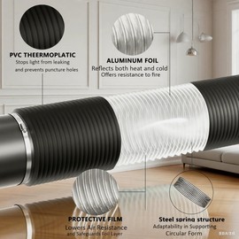 Hakazeni 10 Inch 8 Feet Flexible Aluminum Ducting 4 Layer Protection Dryer Vent Hose for HVAC Heating Cooling Ventilation and Exhaust, 2 Clamps Included, black (10inch*8ft)