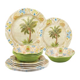 UPware 12-Piece Melamine Dinnerware Set, Includes Dinner Plates, Salad Plates, Bowls, Service for 4. (Ikat Palm)