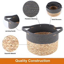 Natural Water hyacinth and cotton rope basket for shelf,Round handmade basket ，small storage basket for Living room, kitchen, office, home decor Set of 4