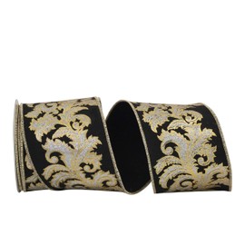 Reliant Ribbon Leaf Filigreee Deluxe Gold Outline Wired Edge Ribbon, 4 Inch X 10 Yards, Black/silver