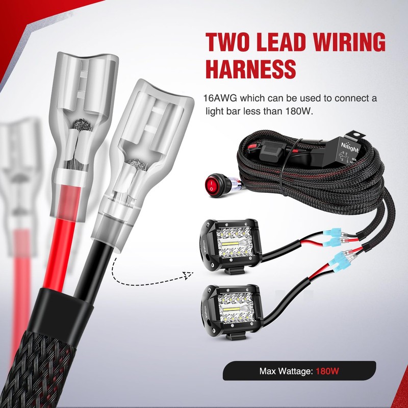 Nilight Wiring Harness Kit Nylon 16 AWG 2 Leads 12