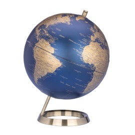 TROIKA Globe 23.5 Degrees Matte Globe Dark Blue Seas & Gold-Coloured Land Areas Diameter 25 Real Map Relief Chrome-Plated Metal Base in Brushed Look, Soft Felt Base