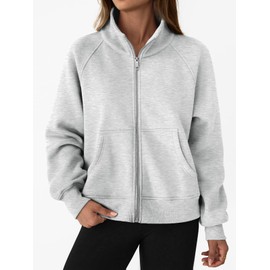 Trendy Queen Womens Zip Up Hoodies Oversized Crewneck Sweatshirts Casual Jackets Y2k Clothes Fall Fashion Outfits 2025 Grey M