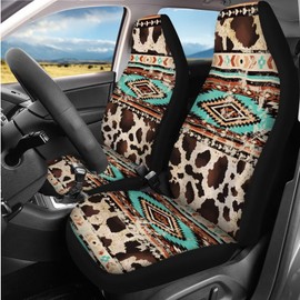 DBBXHZJY 14 Pcs Aztec Cow Print Car Seat Covers with Steering Wheel Cover, Armrest Cushion Head Rest Protector Seat Belt Covers, Brown Cow Print Automotive Accessories Interior Fit Most of Cars