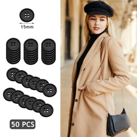 50PCS Black Resin Buttons, Round Buttons 4 Hole Buttons 15mm Round Buttons Black Domed Round Buttons Sewing Buttons Sew On Buttons Coat Making Buttons for Crafting, Sewing, Replacement, Knitting(24L)