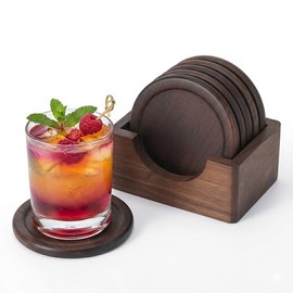 Mu&Ti Classic Walnut Dark Coaster Set of 6 Pieces. Including The Holder Pure Natural Wood and Texture. Wonderful Decor for Dining Tables and Office Tables