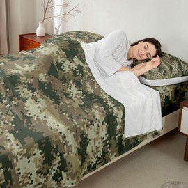 Army Green Camo Bed Sheet Set Full Size,Geometric Abstract Camouflage Bedding Set 4pcs for Kids Men Boys Adult Room Decor,Army Soldier Lovers Fitted Sheet Modern Top Flat Sheet with 2 Pillowcases