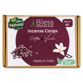 Bless International Coffee and Vanilla 100%-Natural-Incense-Cones Handmade-Hand-Dipped Organic-Chemicals-Free for-Purification-Relaxation-Positivity-Yoga-Meditation The-Best-scents (60 Count)