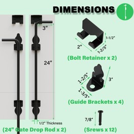 24 Inch Heavy Duty Cane Bolt Gate Drop Rod, Drop Rod Kit for Double Gate, PVC Vinyl Metal Fences Gate Hardware, Wrought Iron Gate Latch for Wooden Fences Metal Gates Doors, Black Finish, 2 Pack
