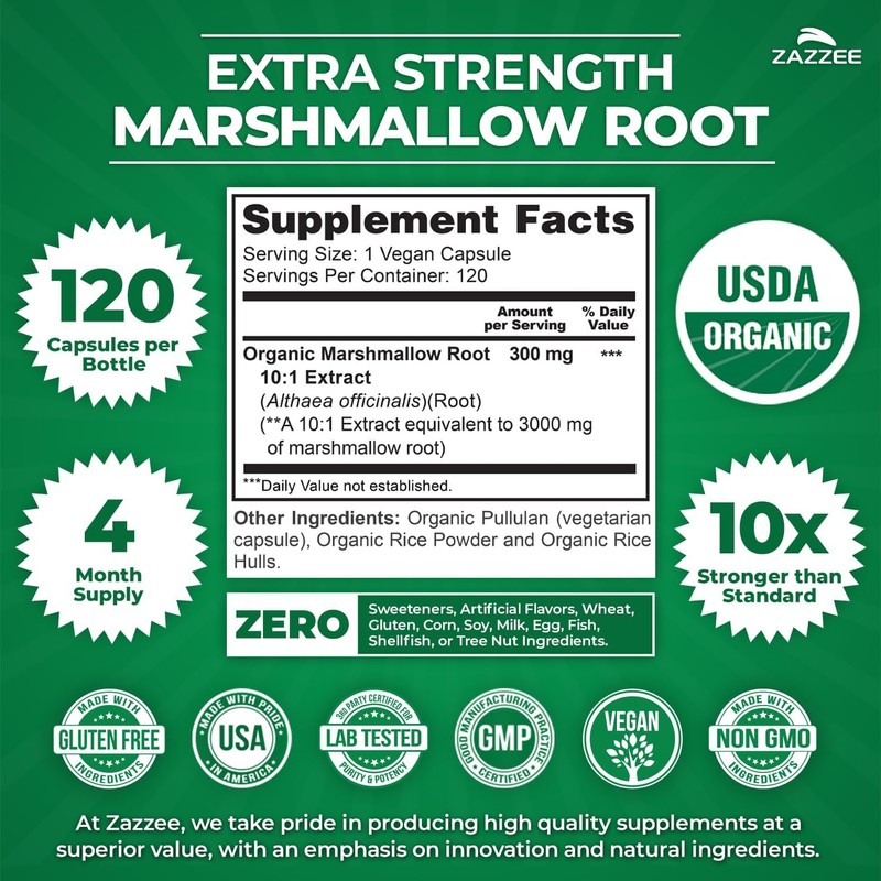 Zazzee USDA Organic Marshmallow Root 10:1 Extract, 3000 mg Strength,